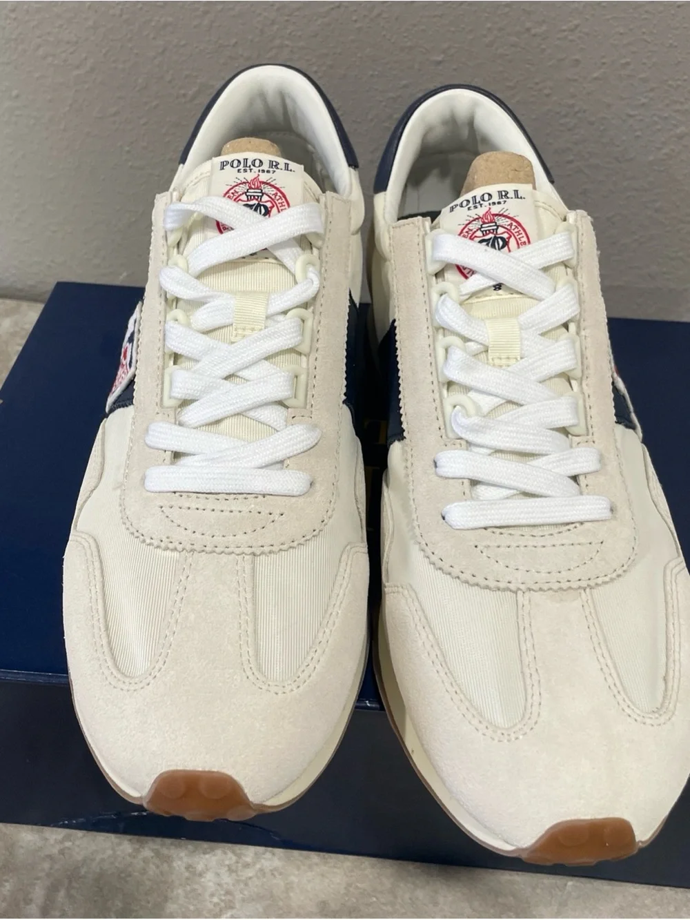 Polo by Ralph Lauren Men’s Cream, Navy & Red Athletic Sneakers